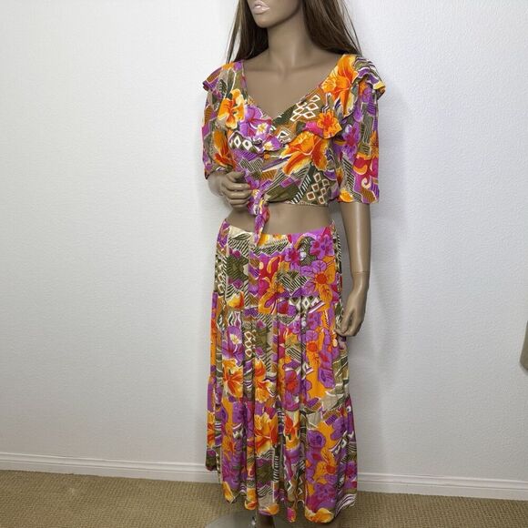 Vintage 2 Piece Skirt / Top Set Medium Large Tropical Floral Pink Resort Vibrant - Picture 1 of 13